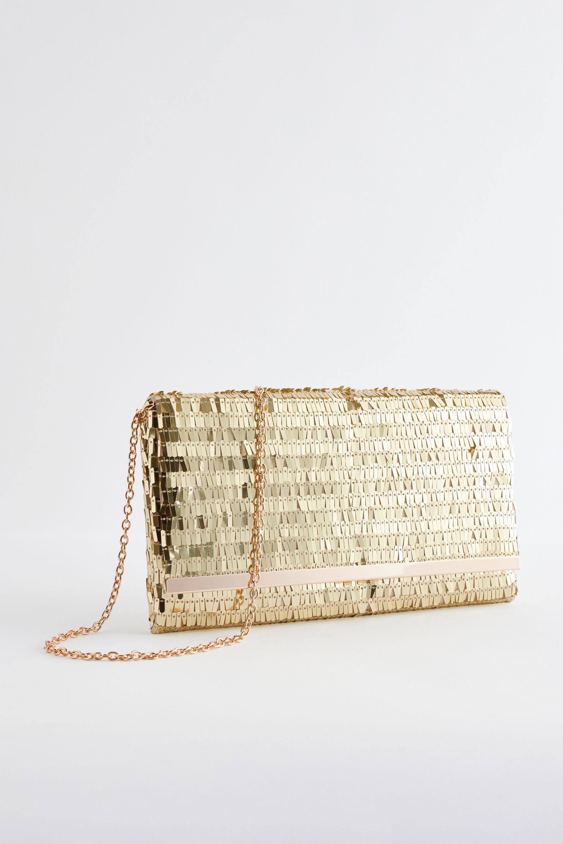 Gold sequin clutch bag top