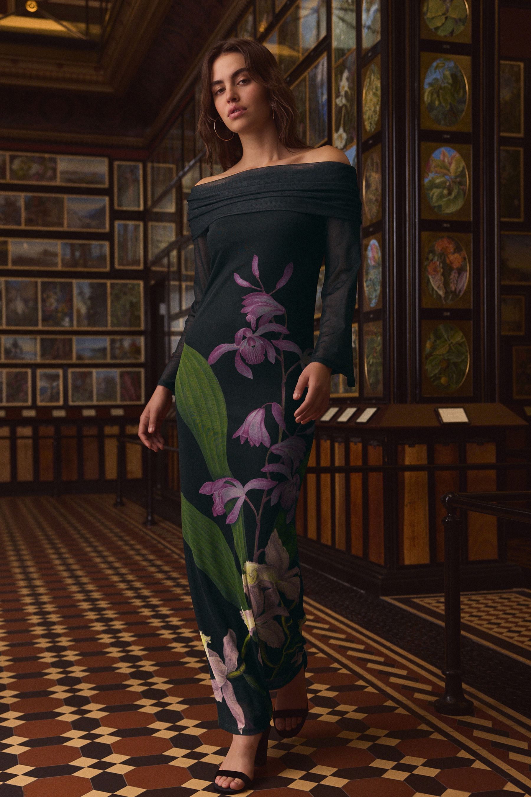 Buy Black Purple Floral Kew Collection Mesh Bardot Maxi Dress from the Next UK online shop