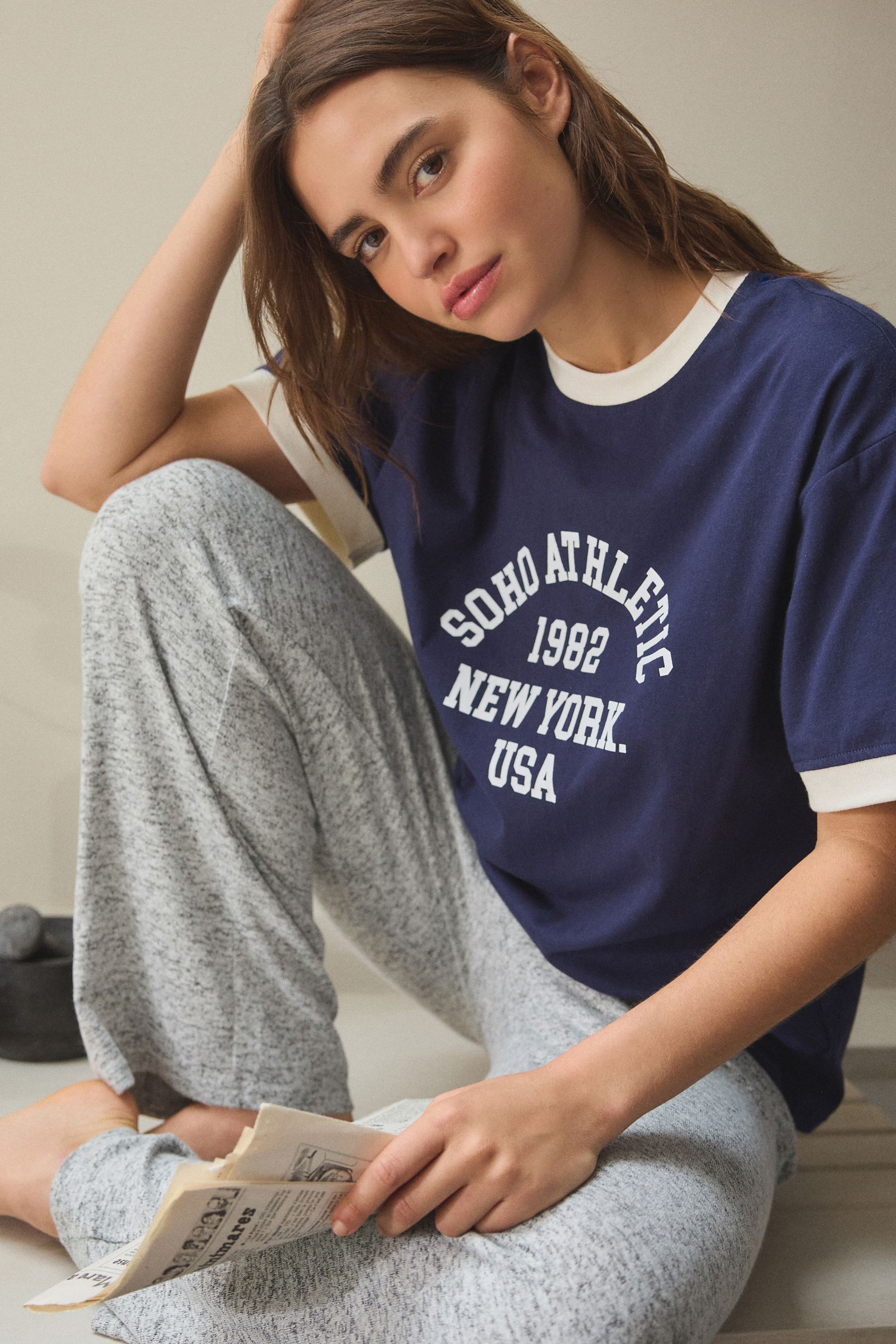 Buy Navy Soho Short Sleeve Cosy 100 Cotton Pyjamas from Next Luxembourg