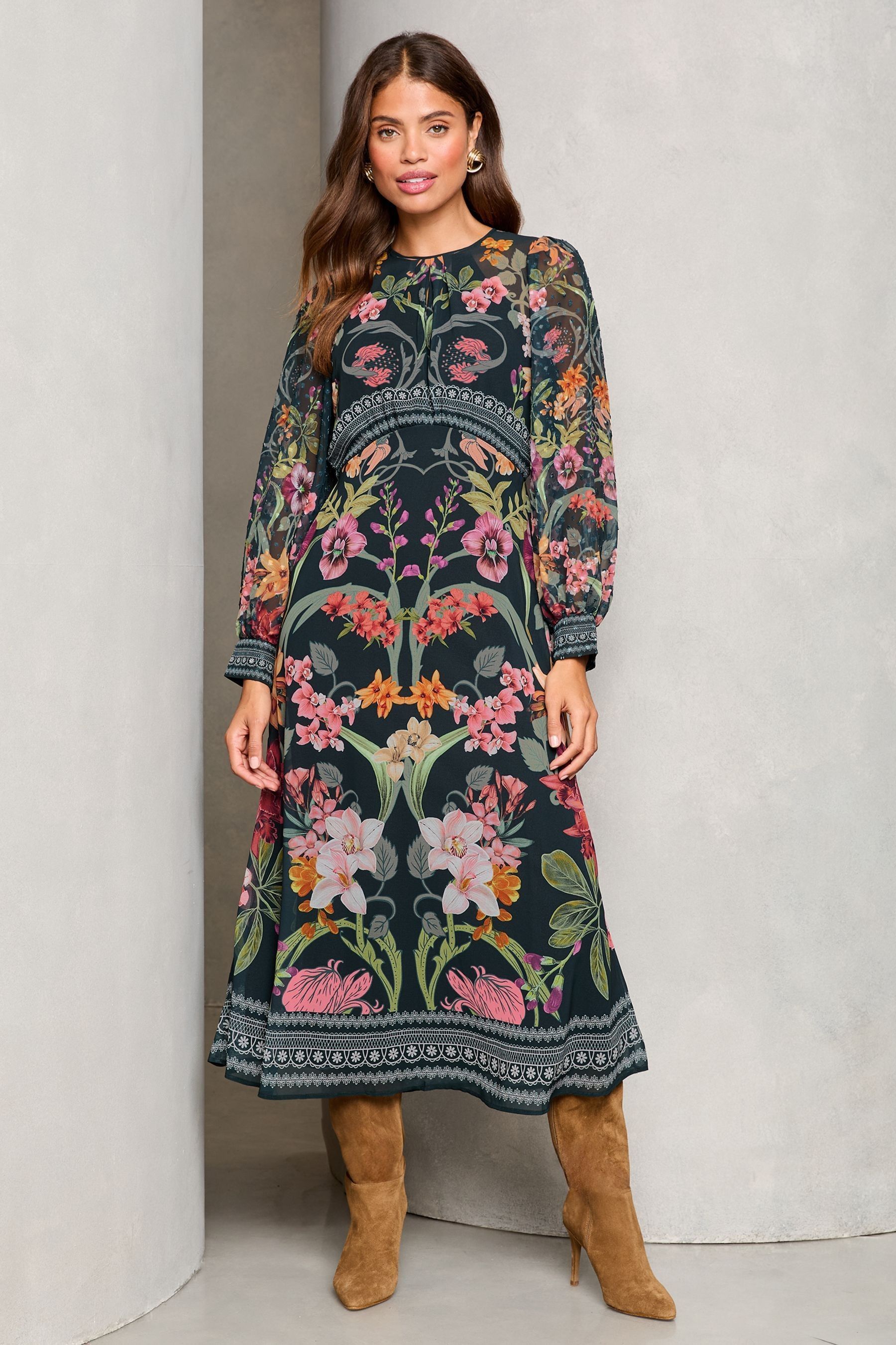 Lipsy Black Floral Printed Woven Long Sleeve Underbust Midi Dress
