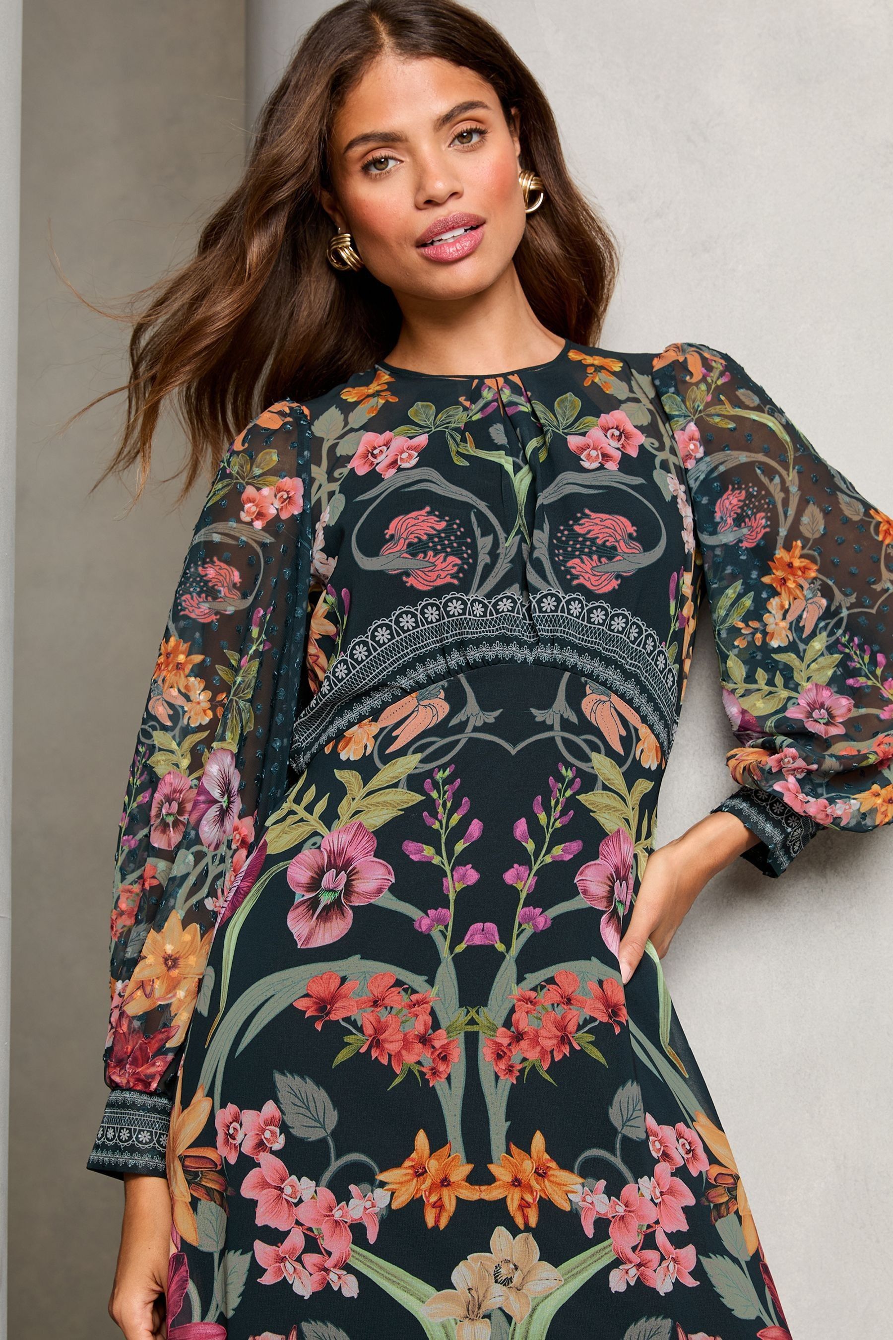 Buy Lipsy Black Floral Printed Woven Long Sleeve Underbust Midi Dress from Next United Arab Emirates