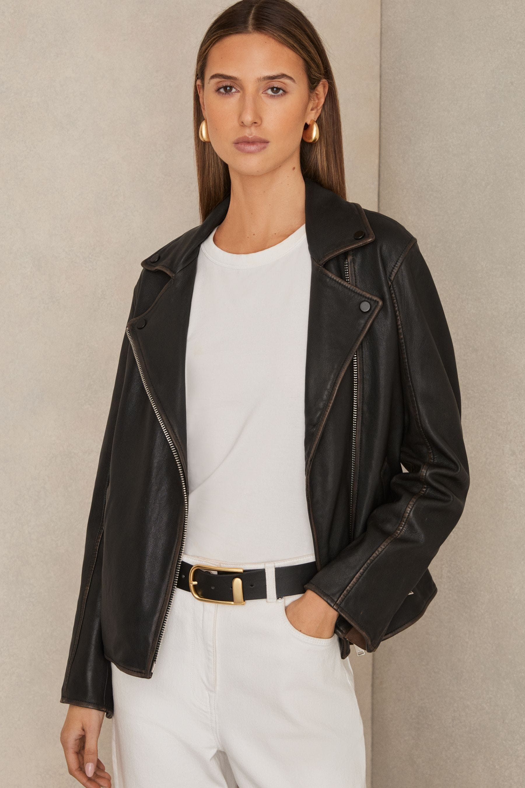 Buy Reiss Black Beau Relaxed Leather Biker Jacket from Next Netherlands