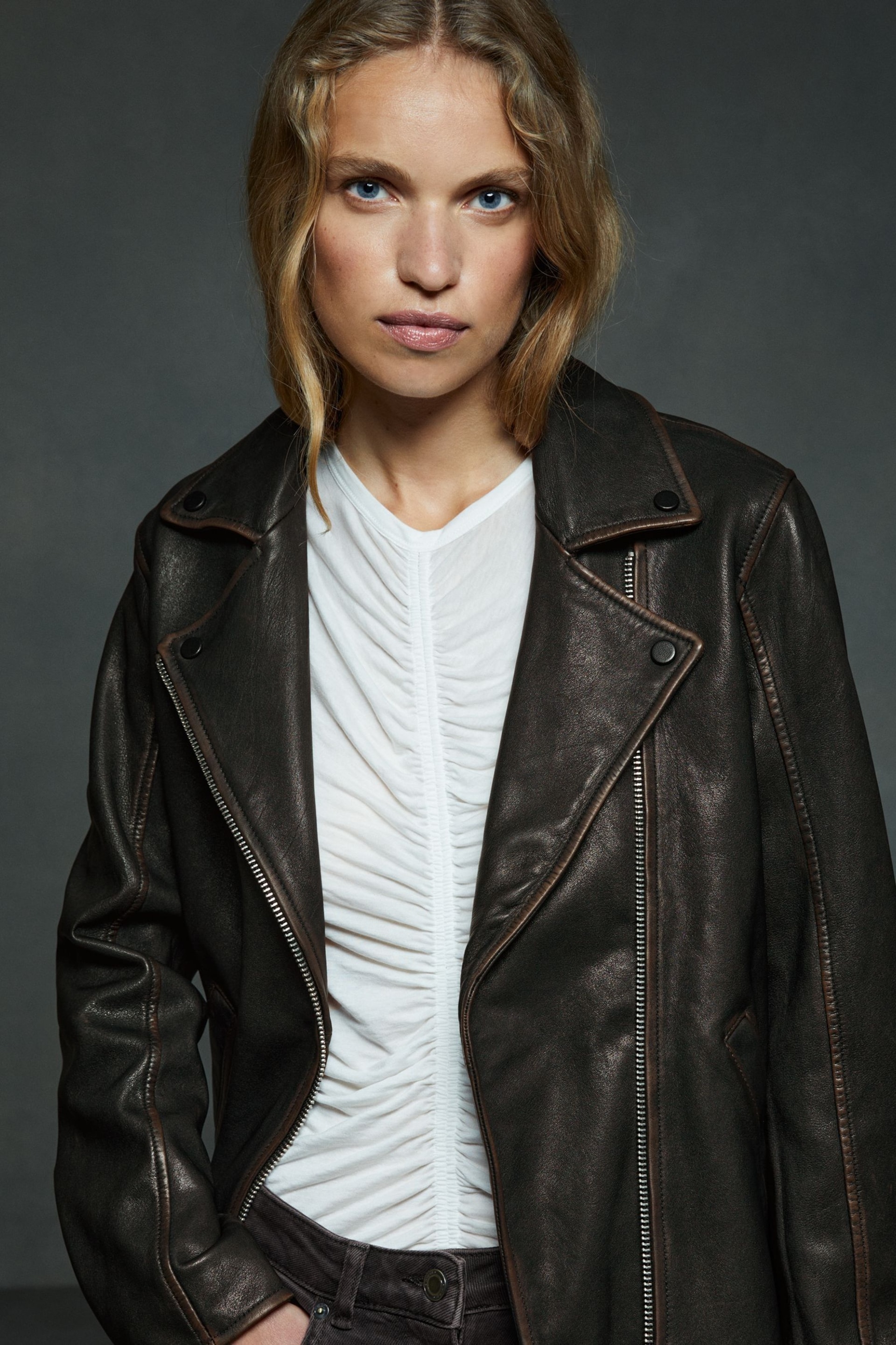 Reiss Black Beau Relaxed Leather Biker Jacket - Image 3 of 6