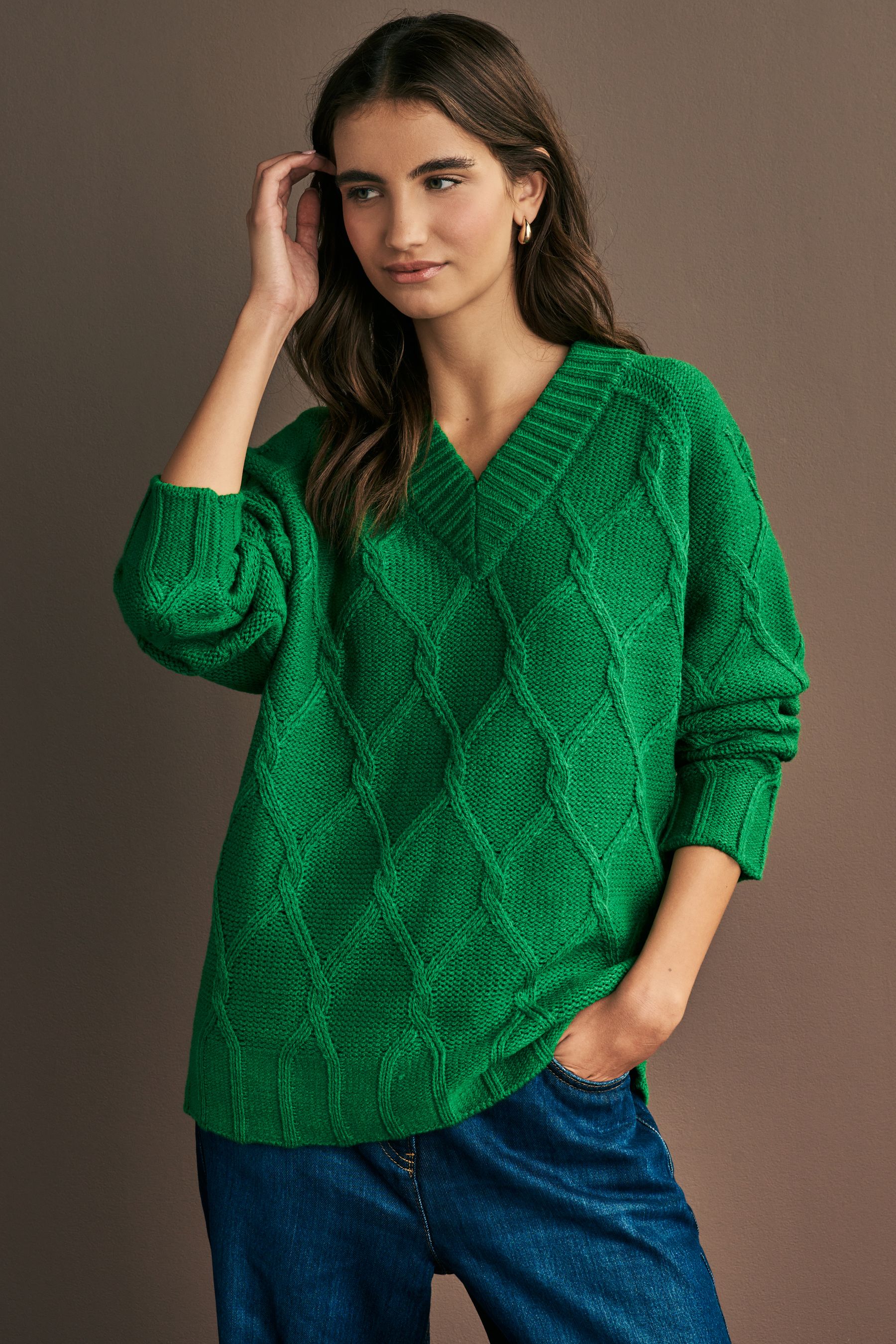 Buy Green Bright Cable Knitted Longline V Neck Tunic Jumper with Wool from Next USA