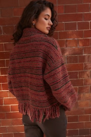 Red Berry Fringe Spacedye High Roll Neck Knitted Jumper with Wool - Image 3 of 7