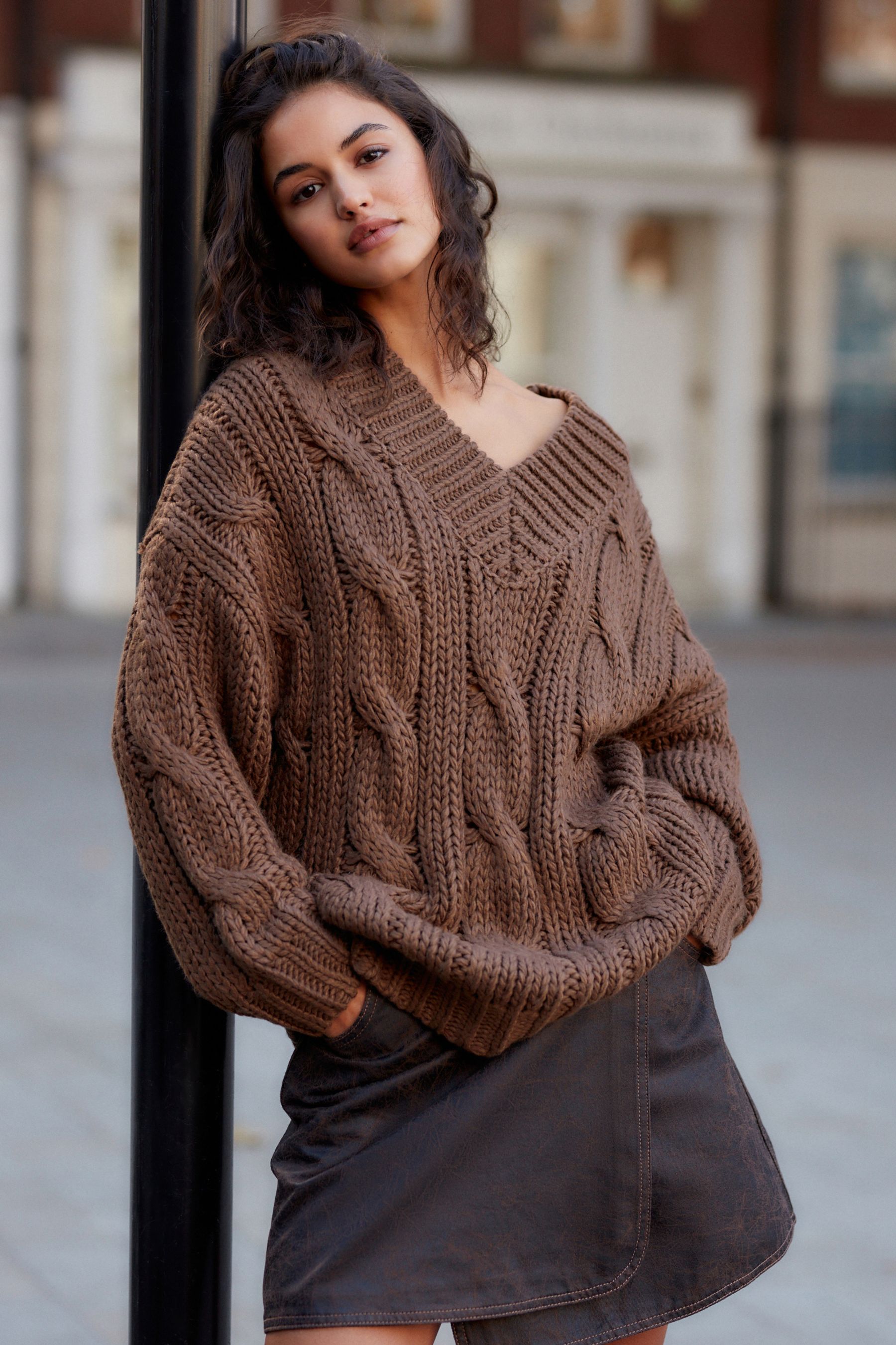Buy Brown Chocolate V Neck Chunky Cable Knit Jumper from Next United Arab Emirates