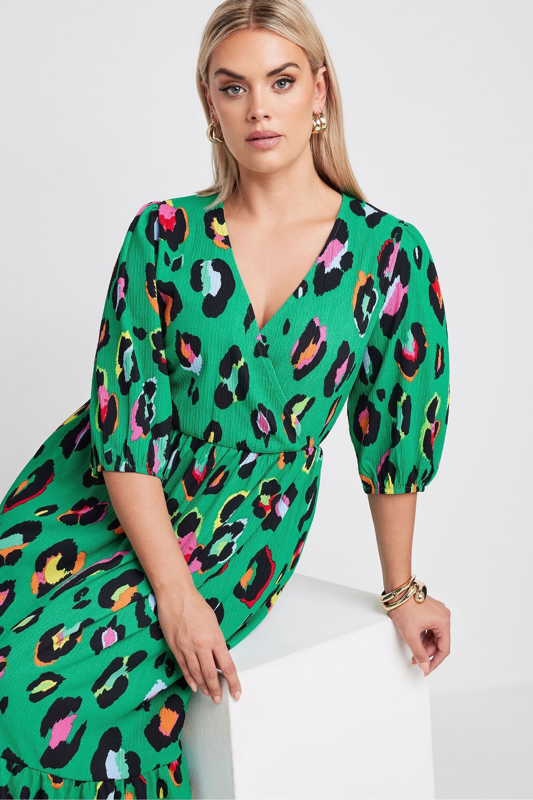 Buy Yours Curve Green Limited Collection Leopard Print Textured Wrap Dress from Next Luxembourg