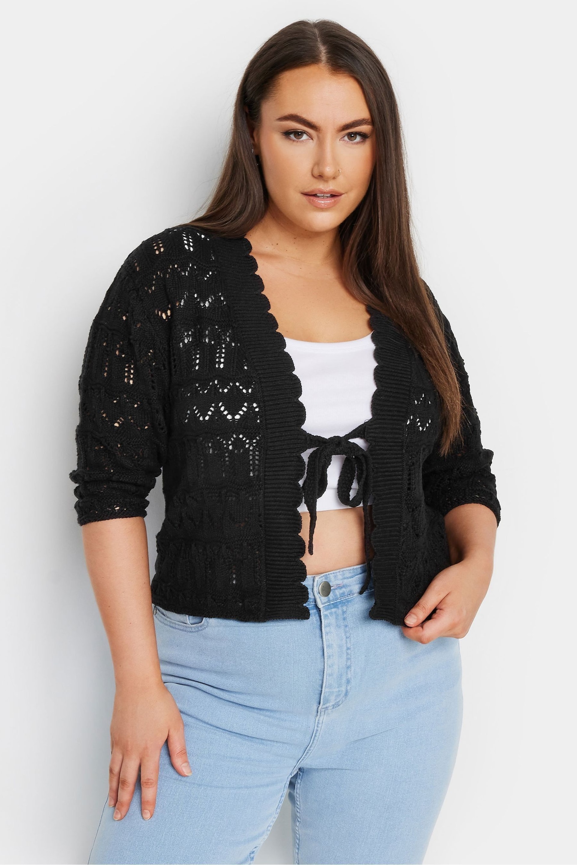 Yours Curve Black Crochet Tie Front Shrug - Image 1 of 5