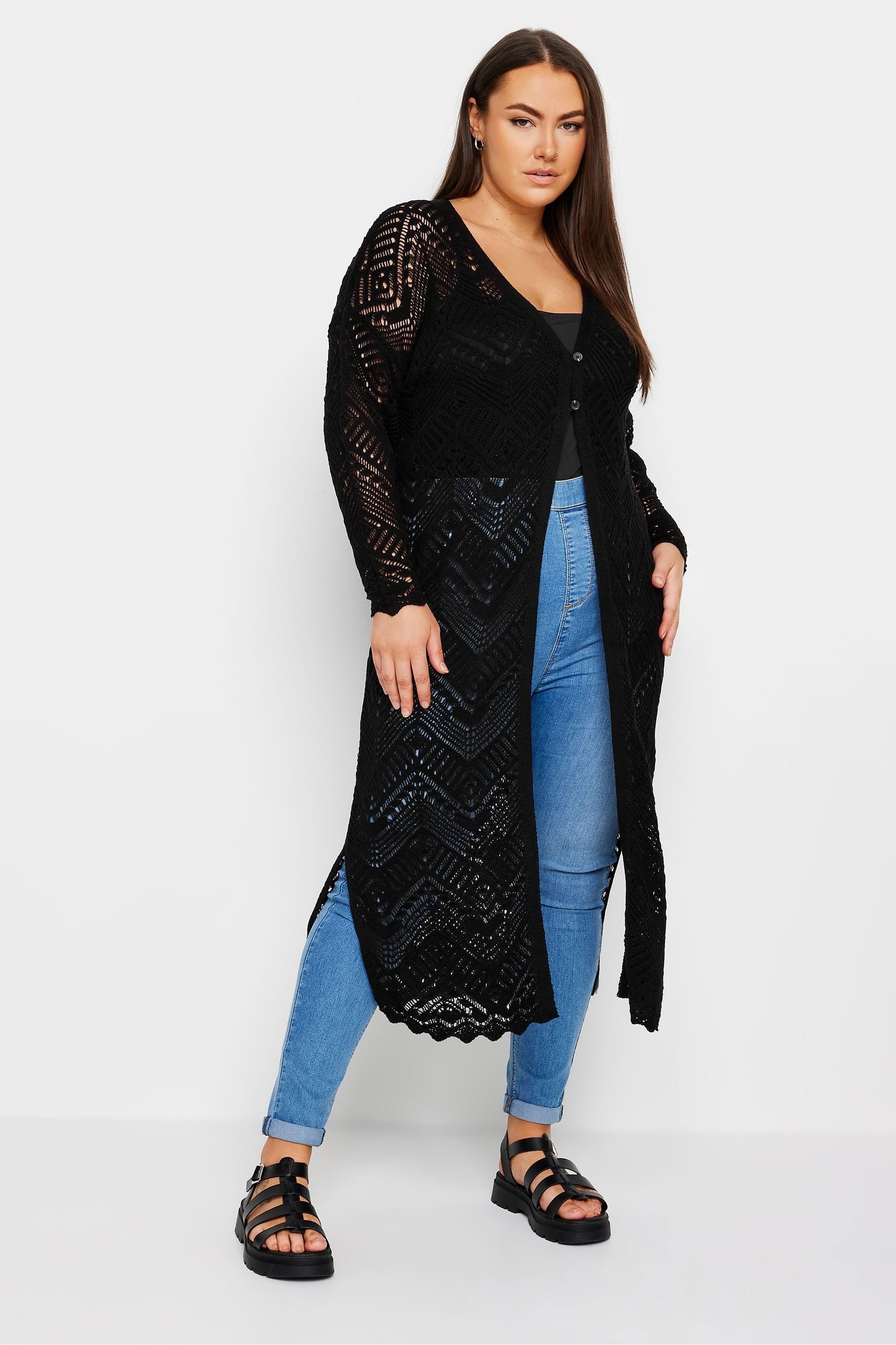 Yours Curve Black Maxi Crochet Cardigan