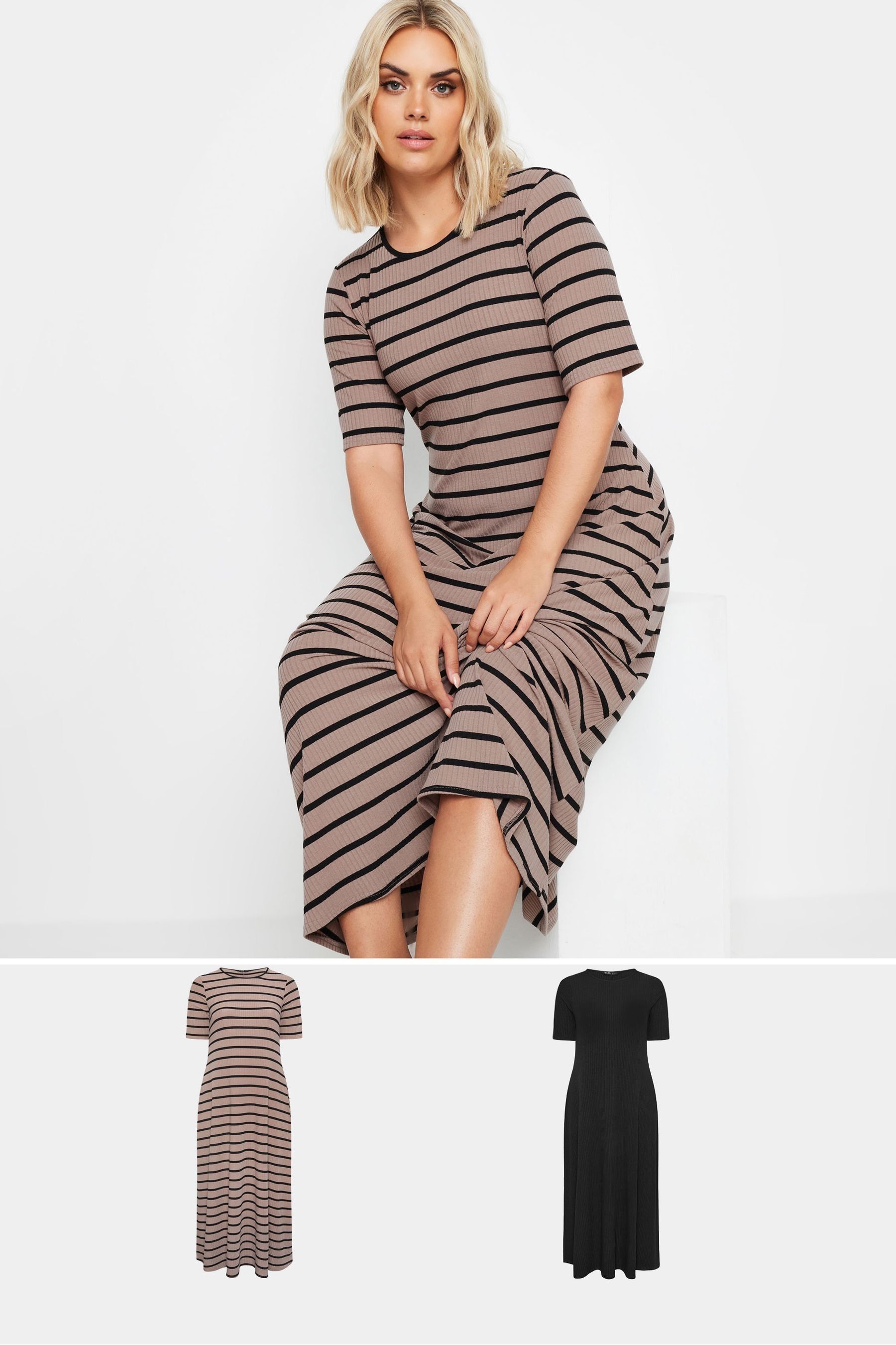Buy Yours Curve Black Brown Stripe Ribbed Swing Maxi Dresses 2 Pack from Next Australia