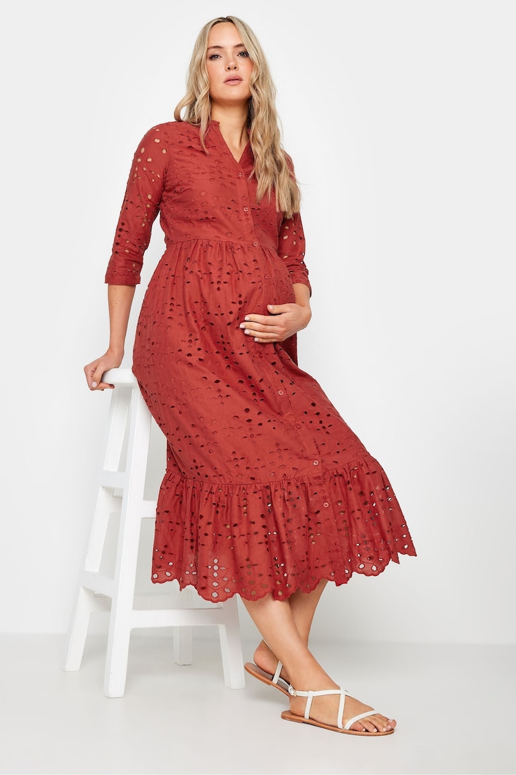 Long Tall Sally Orange Maternity Broderie Anglaise Midi 100% Cotton Dress - Image 1 of 5