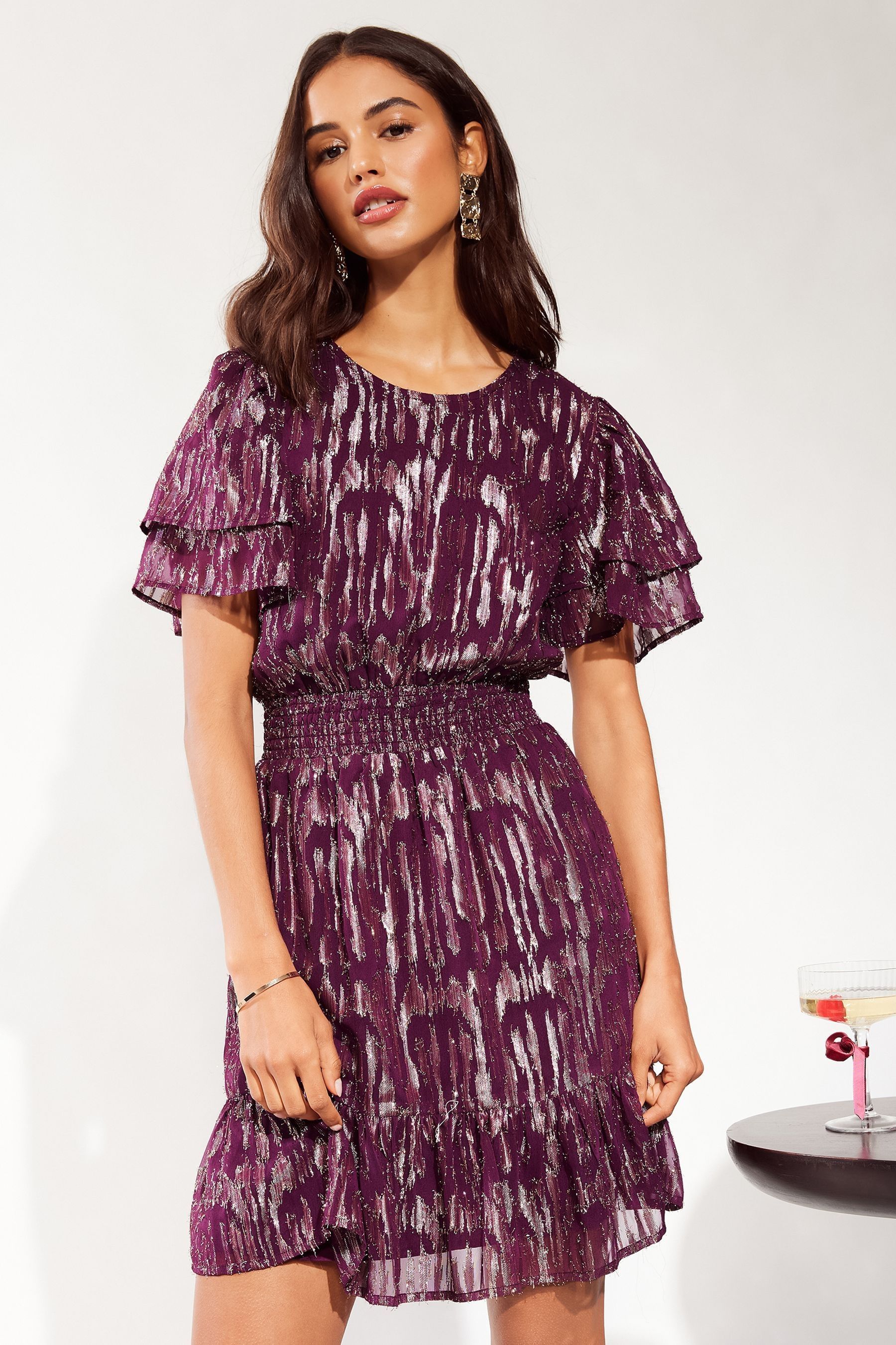 Buy Friends Like These Purple Zebra Metallic Ruffle Sleeve Mini Dress from the Next UK online shop