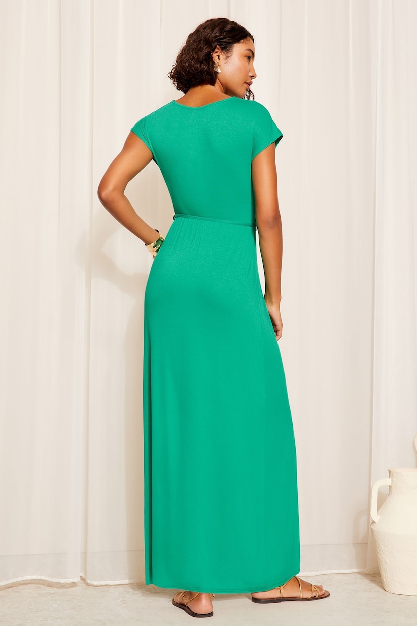 Friends Like These Green Short Sleeve Wrap V Neck Tie Waist Summer Maxi Dress - Image 4 of 4