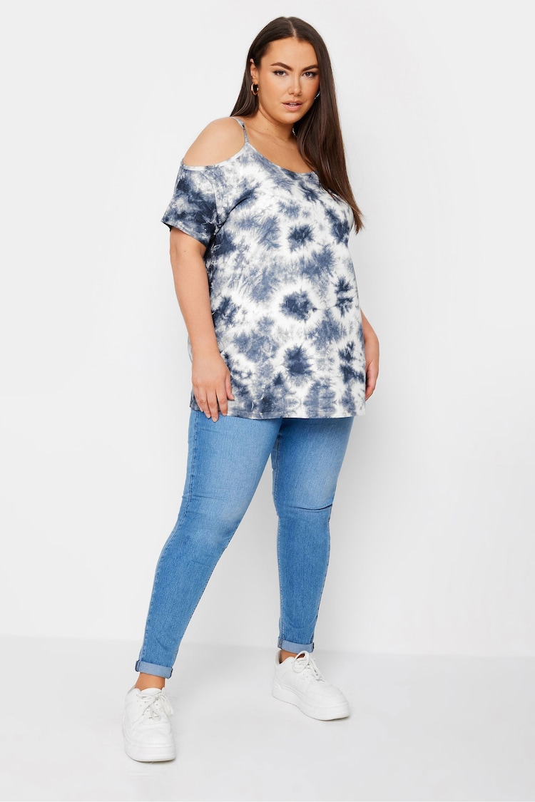 Yours Curve Blue Tie Dye Strappy Cold Shoulder T-Shirt - Image 2 of 5