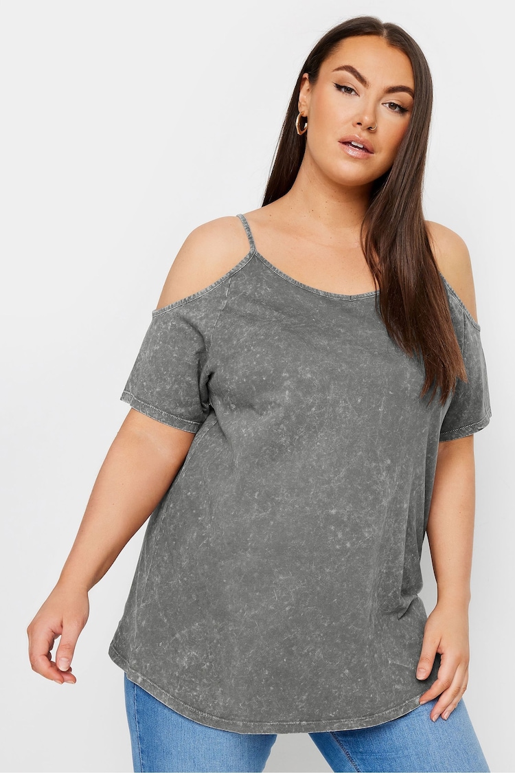 Yours Curve Grey Acid Wash Strappy Cold Shoulder T-Shirt - Image 2 of 5