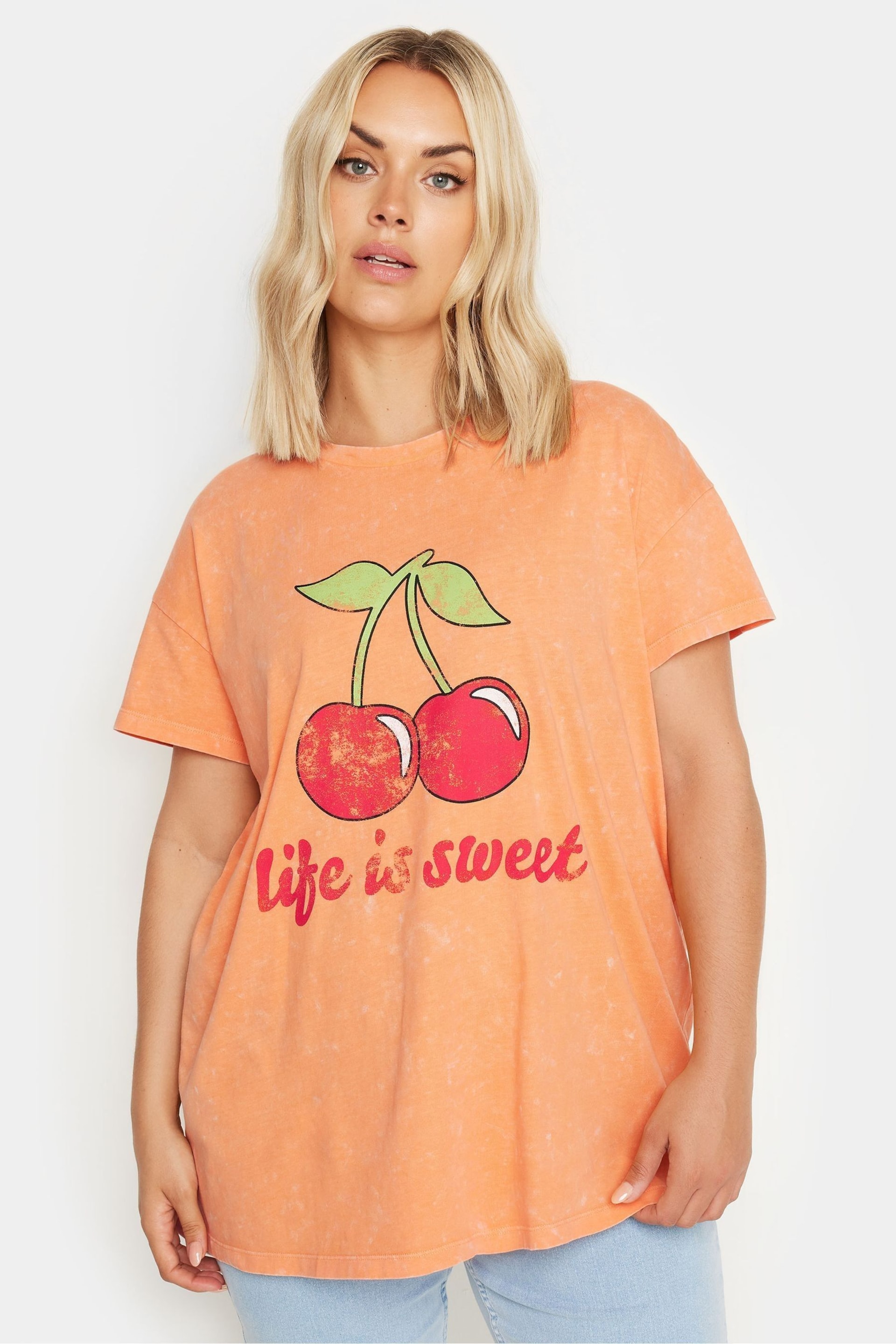 Yours Curve Orange Orange 'Life Is Sweet' Cherry Print T-Shirt - Image 1 of 5