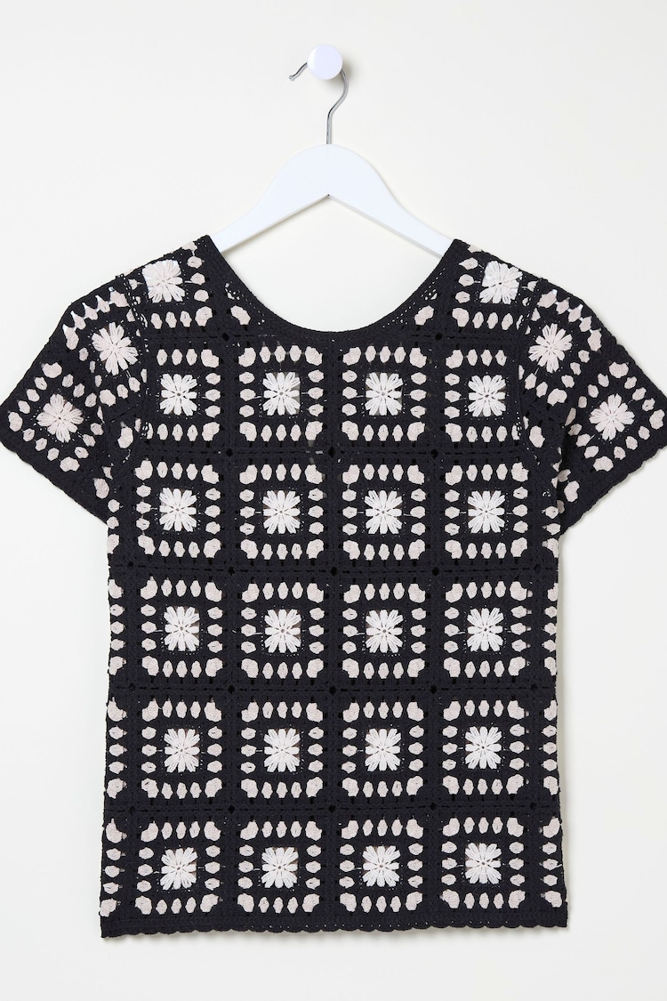 FatFace Black Mono Crochet Patchwork T-Shirt - Image 5 of 5