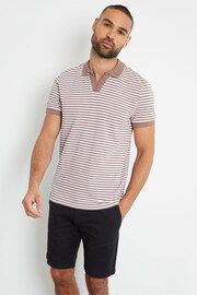 Threadbare Taupe Open Collar Striped Pique Polo Shirt - Image 1 of 3