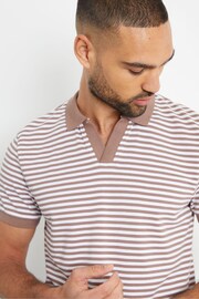 Threadbare Taupe Open Collar Striped Pique Polo Shirt - Image 3 of 3