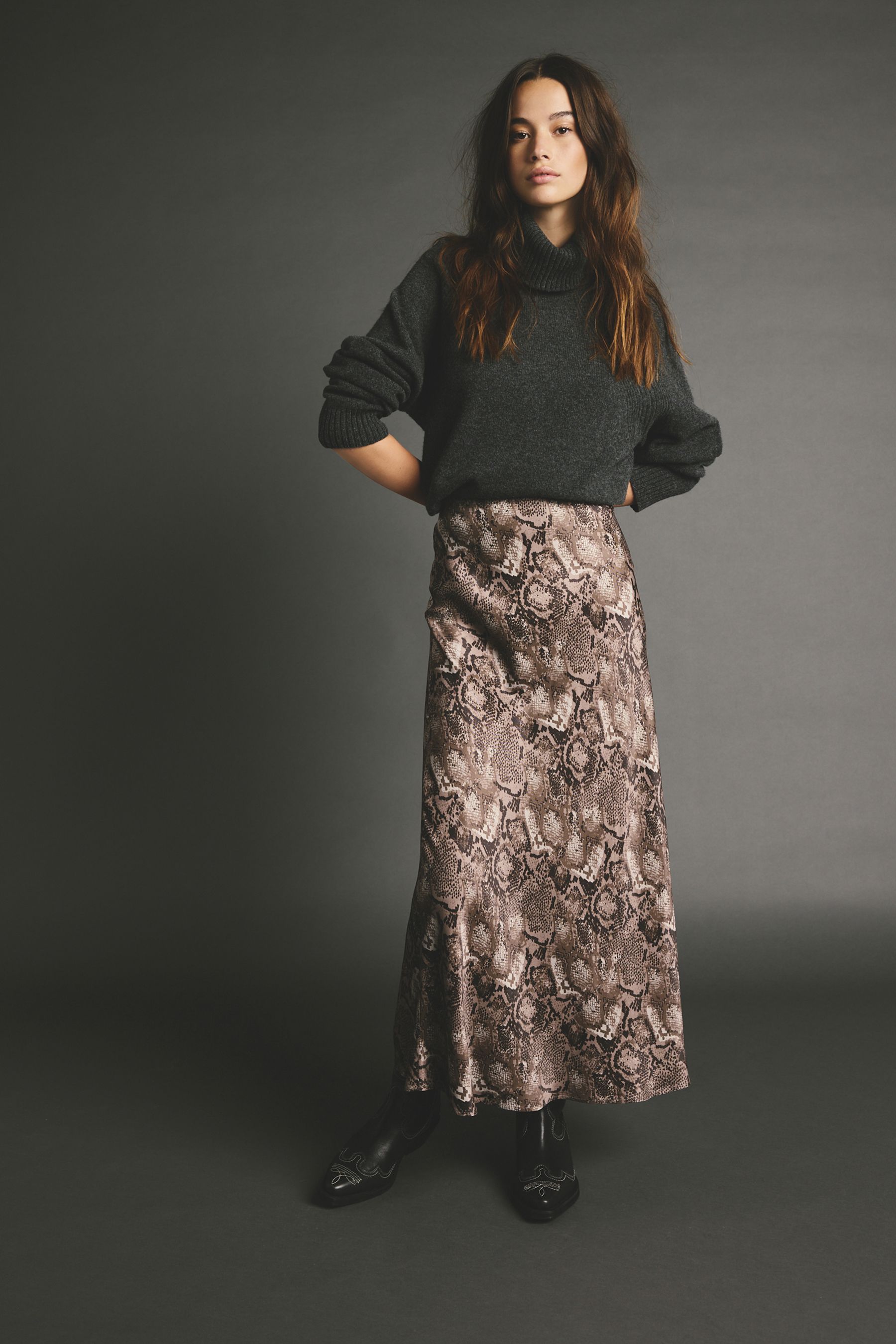 Snake Printed Satin Midi Skirt