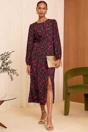 Love & Roses Brown Animal Printed Satin Twist Long Sleeve Midi Dress - Image 1 of 4