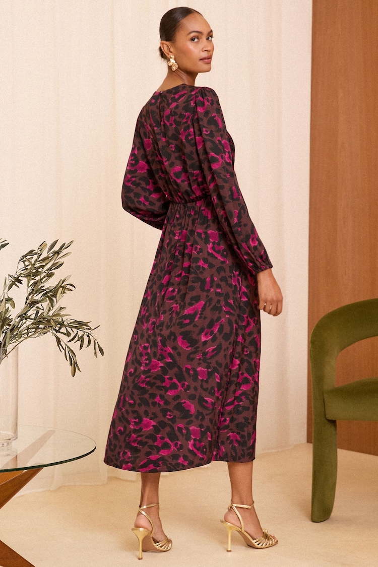 Love & Roses Brown Animal Printed Satin Twist Long Sleeve Midi Dress - Image 4 of 4