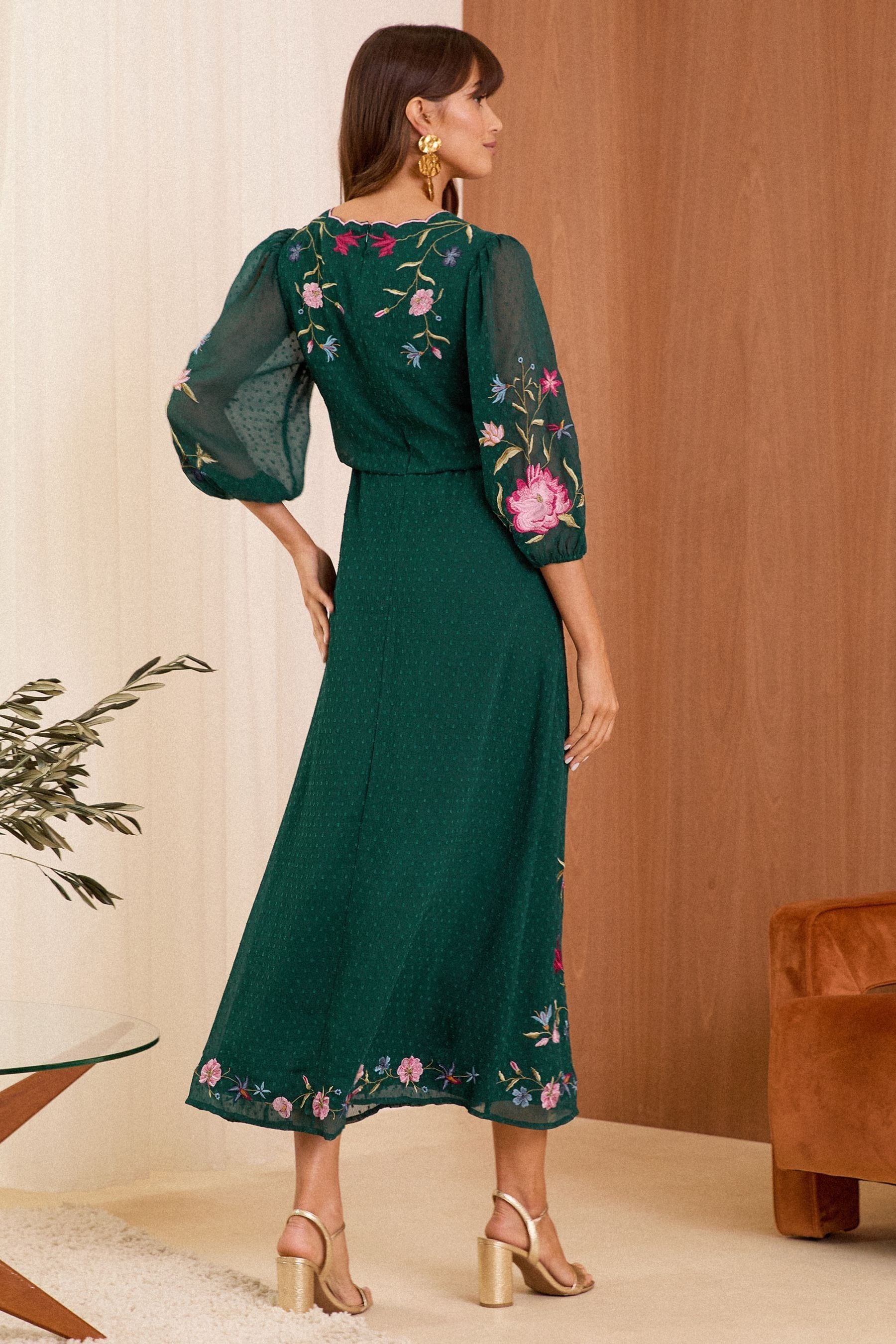 Buy V A Love Roses Dark Green Embroidered Scallop Neck Dobby Midi Dress from Next Luxembourg