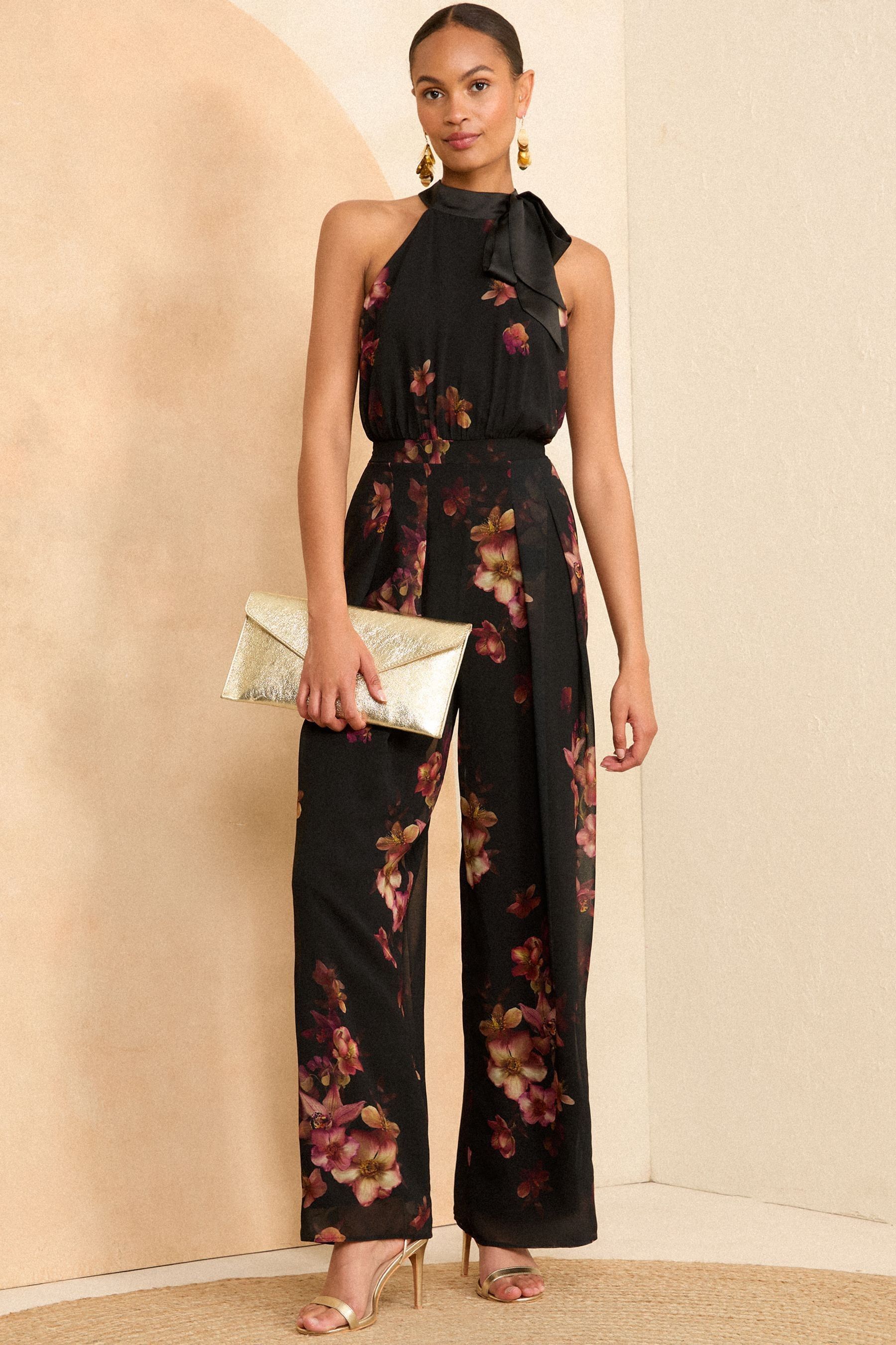 Buy Love Roses Black Floral Halter Neck Belted Wide Leg Jumpsuit from Next Netherlands