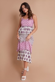 Another Sunday Mix Print Floral Polka Dot Pink Tiered Cami Midi Dress - Image 1 of 3