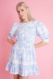 Another Sunday Blue Ruffle Hem Scenic Floral Print Mini Dress with Lace Trims - Image 1 of 3