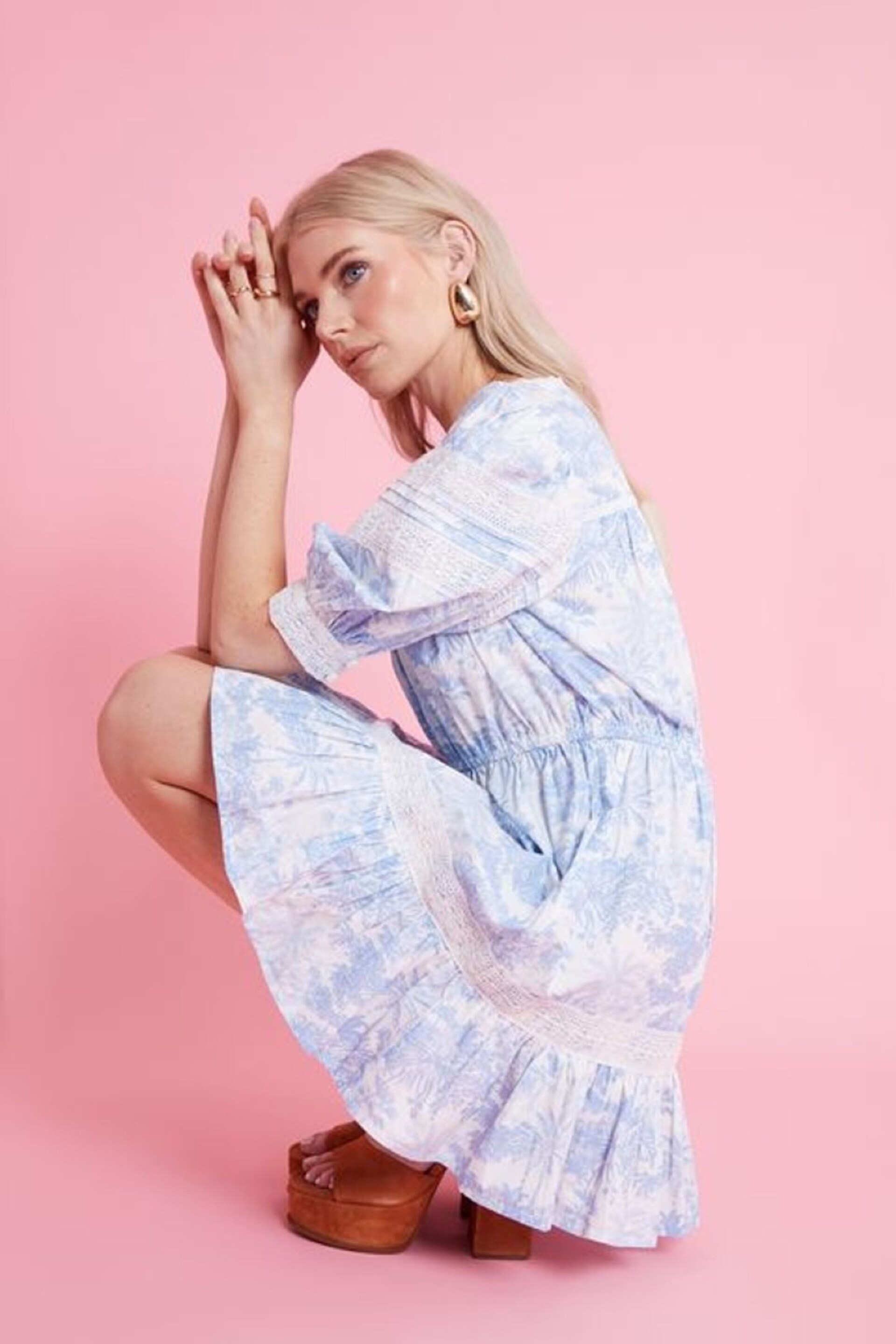 Another Sunday Blue Ruffle Hem Scenic Floral Print Mini Dress with Lace Trims - Image 3 of 3