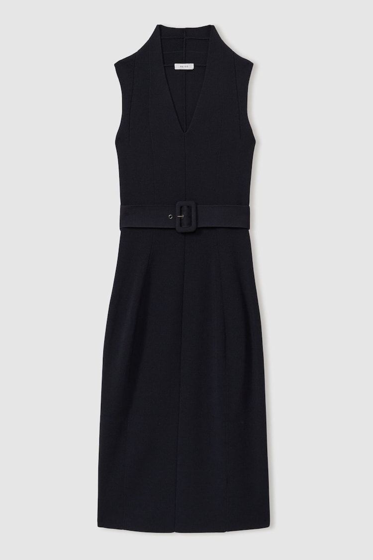 Reiss Navy Ella Knitted Ribbed Belted Midi Dress - Image 2 of 5