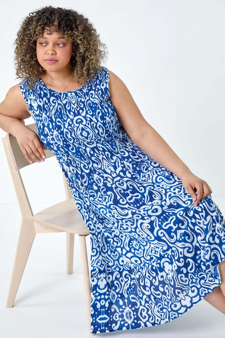 Roman Blue Aztec Shirred Bust Midi Dress - Image 1 of 5