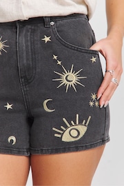 Simply Be Black Simply Be Moon Sun Embroidered Denim Mom Shorts - Image 4 of 4