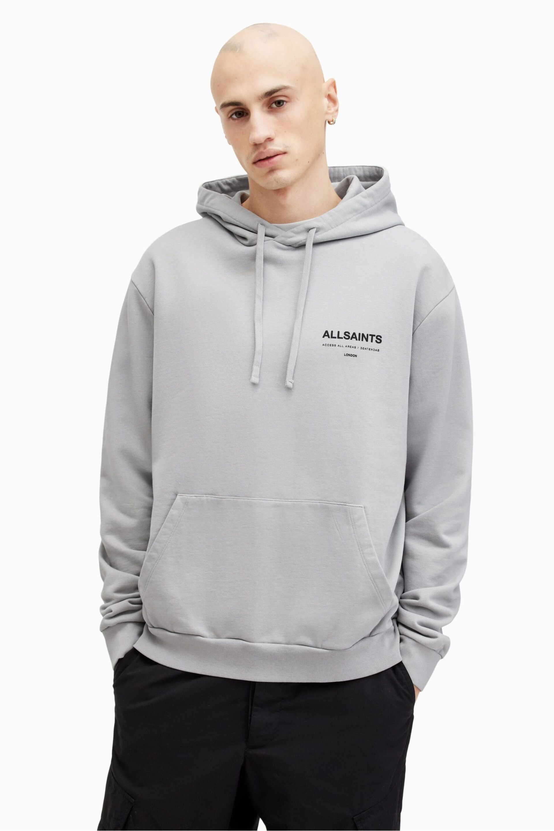 AllSaints Grey Access Over The Head Hoodie - Image 1 of 8