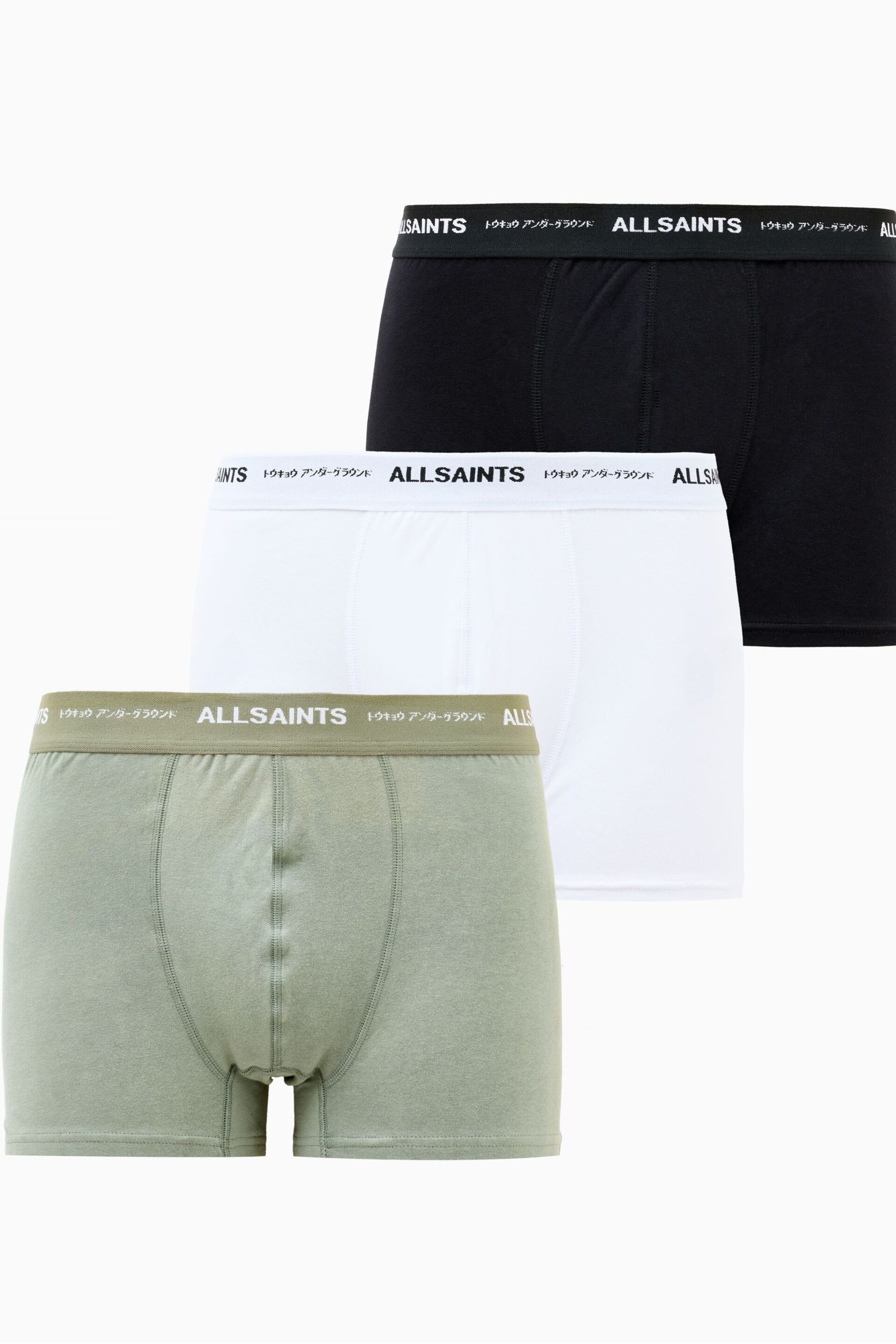 AllSaints Green/Black/White Underground Boxers 3 Pack - Image 1 of 2