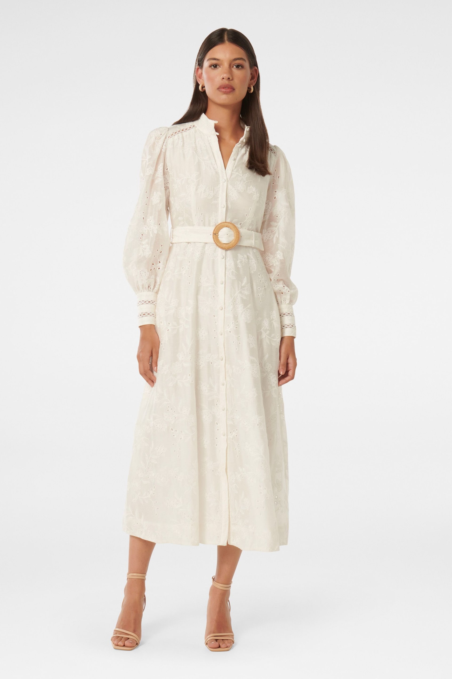 Forever New White Autumn Embroidered Midi Dress contains Linen - Image 1 of 4