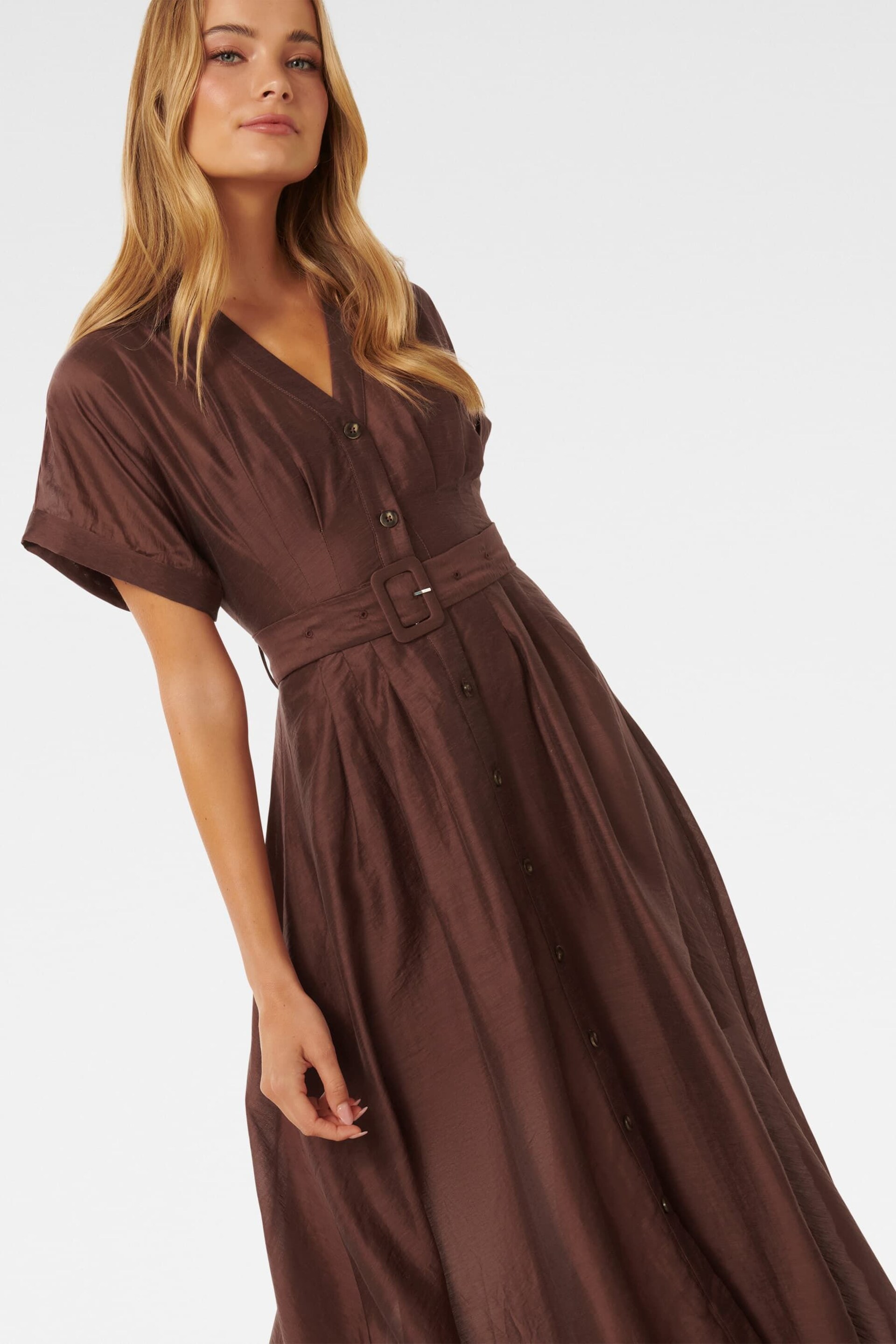 Forever New Brown Judith Shirt Belt Midi Dress contains Linen - Image 2 of 4