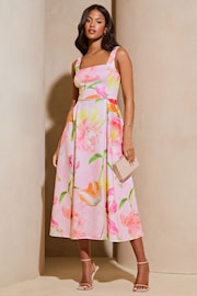 Lipsy Pink Floral Square Neck Prom Skater Midi Dress - Image 1 of 4