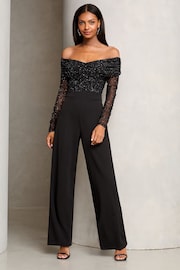 Lipsy Black Petite Bardot Glitter Mesh Jumpsuit - Image 1 of 4