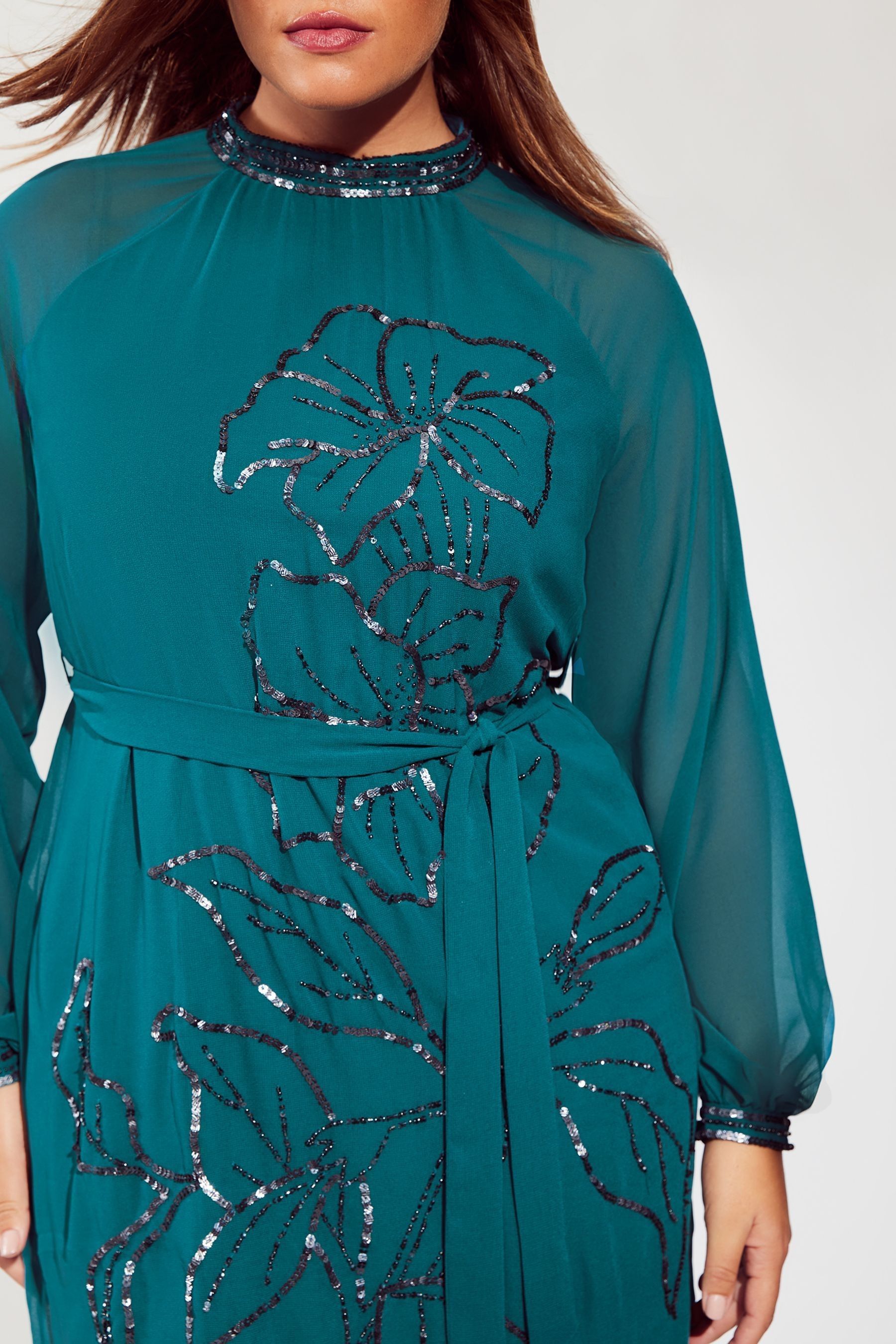 Lipsy Teal Curve Long Sleeve Hand Embellished Artwork Mini Shift Dress