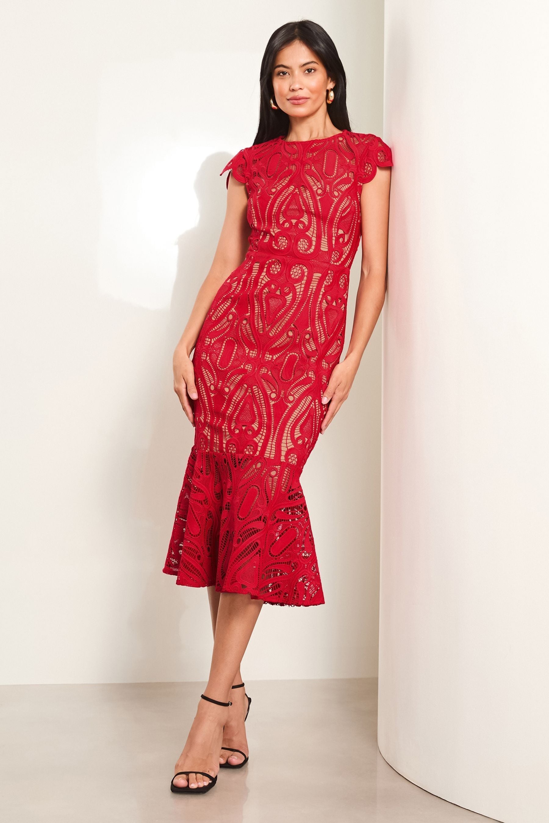 Buy Lipsy Red Premium Lace Cap Sleeve Peplum Midi Dress from Next Pakistan