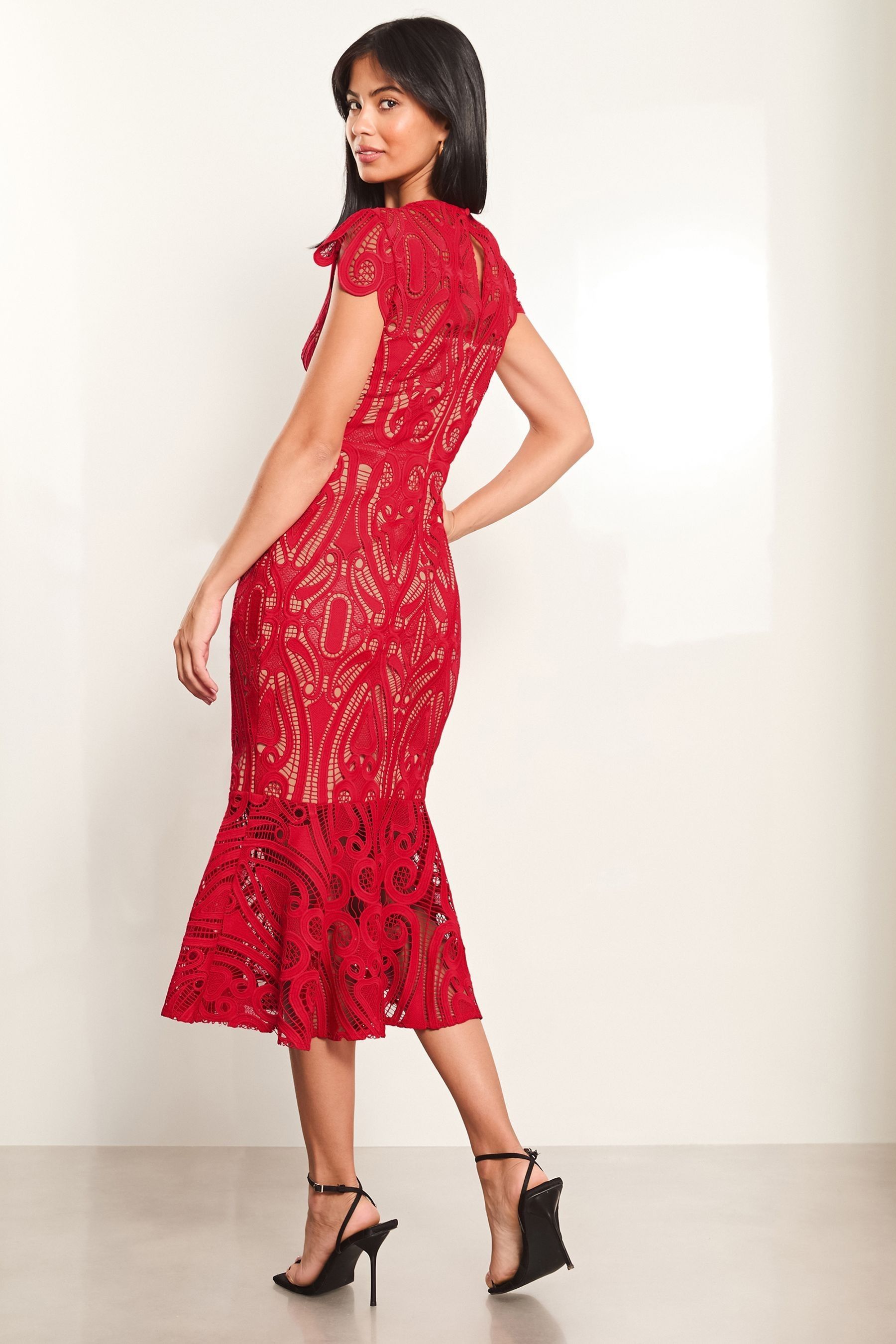 Lipsy Red Premium Lace Cap Sleeve Peplum Midi Dress