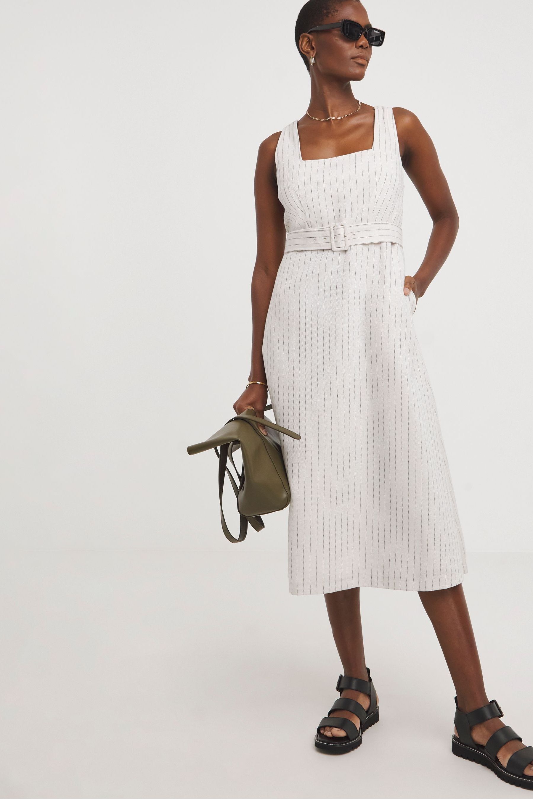 Buy JD Williams White Pinstripe Linen Pinafore Dress With Detachable Belt from the Next UK online shop