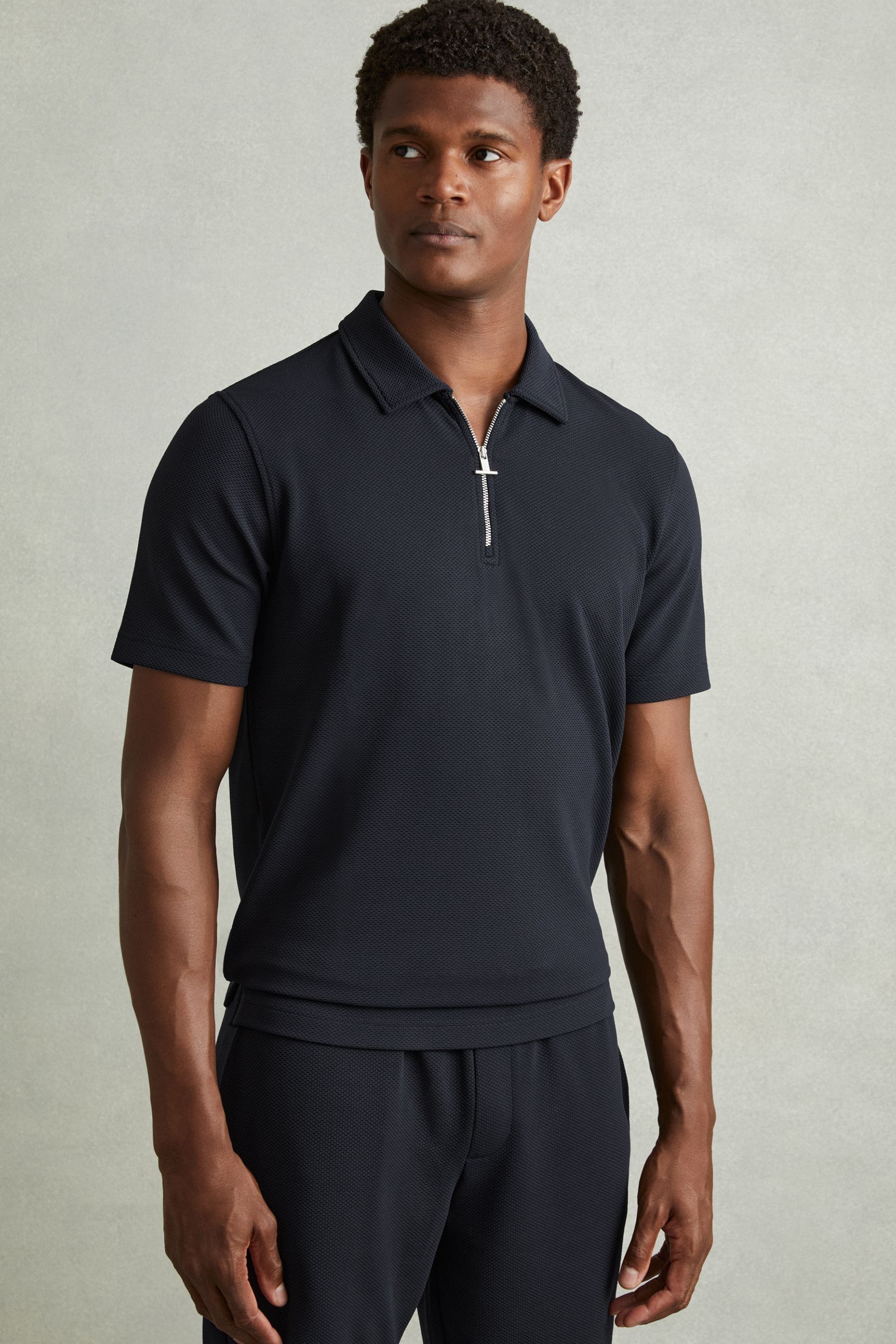 Reiss Navy Albany Textured Quarter Zip Polo Shirt