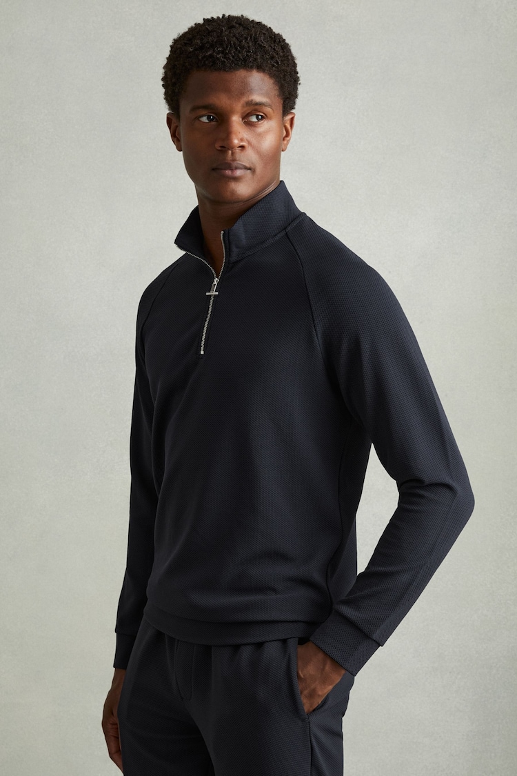 Reiss Navy Illinois Textured Half-Zip Funnel-Neck Jumper - Image 1 of 6