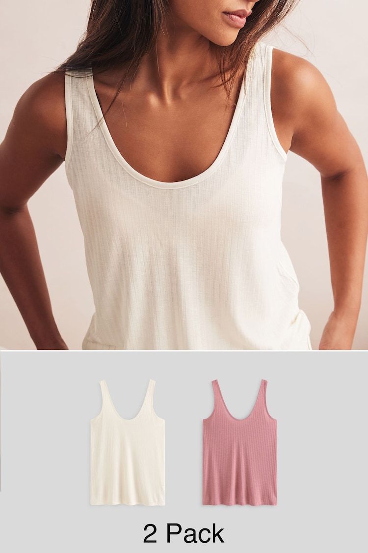 Pink/Cream Strappy Scoop Neck Slouch Ribbed Vest 2 Pack - Image 1 of 8