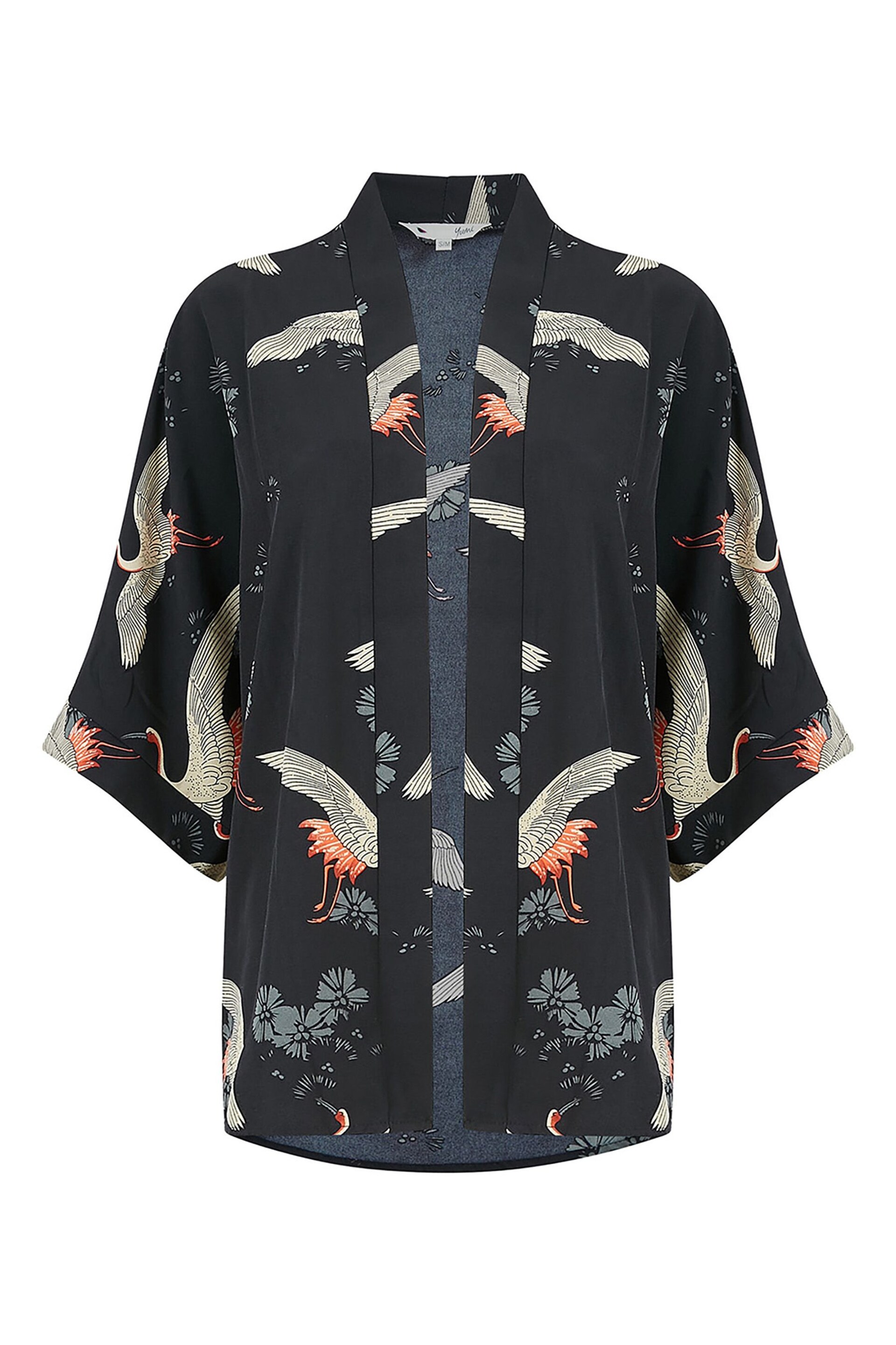 Yumi Black Curve Crane Print Kimono - Image 1 of 1