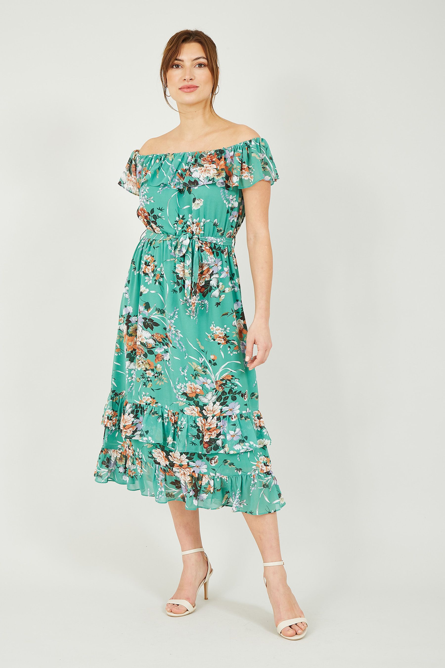 Buy Yumi Green Floral Bardot Dress from Next Luxembourg