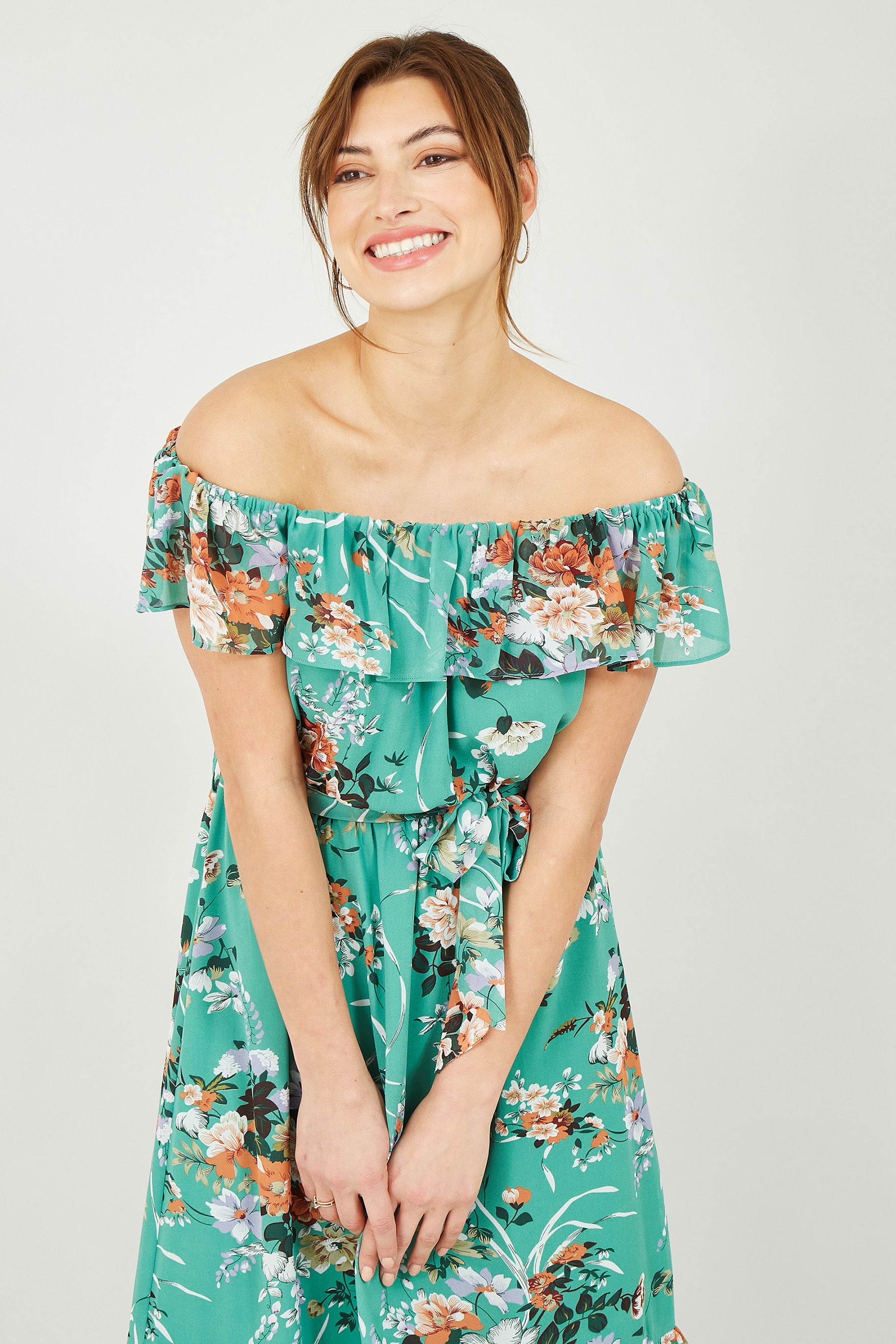 Buy Yumi Green Floral Bardot Dress from Next Luxembourg